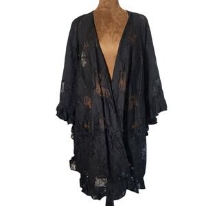 Paisley Vine Kimono Cardigan Black Lace Floral With Ruffles One Size Open
